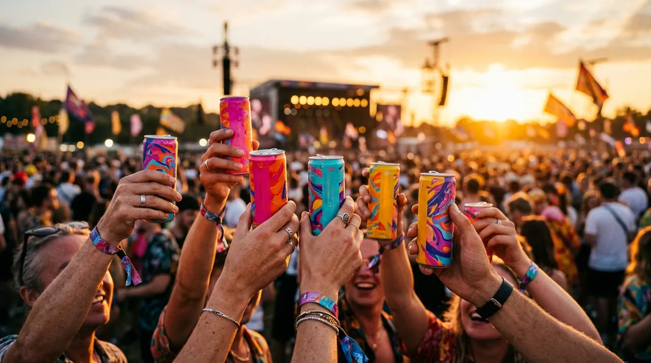 Cans raised at a festival at sunset